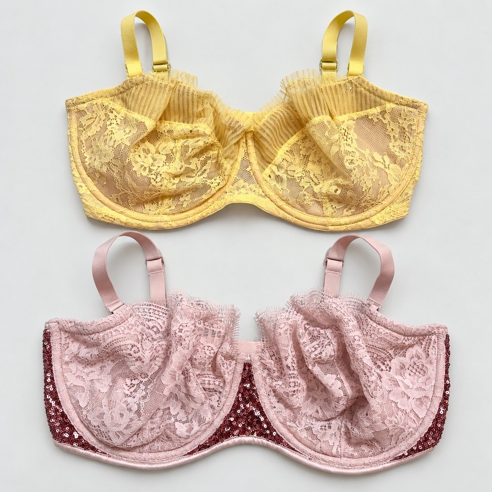 Victoria's Secret Dream Angels Bra Lot 2 36DDD Pink Sequin Yellow Lace Underwire